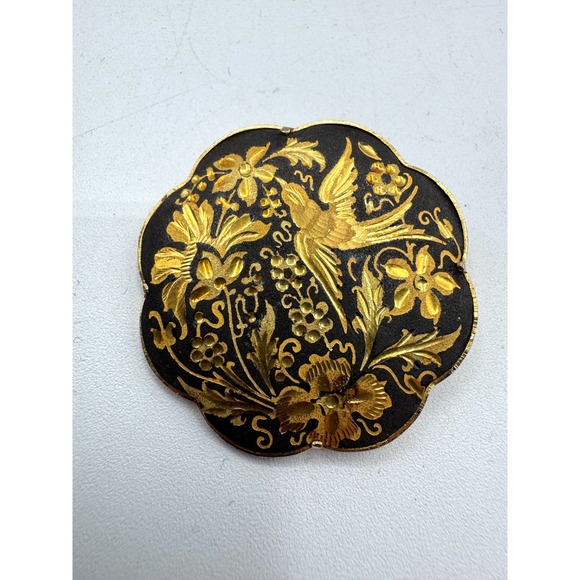 Unbranded Jewelry - Vintage Spanish Damascene Bird and Floral Brooch Gold Inlay Scalloped Round Pin